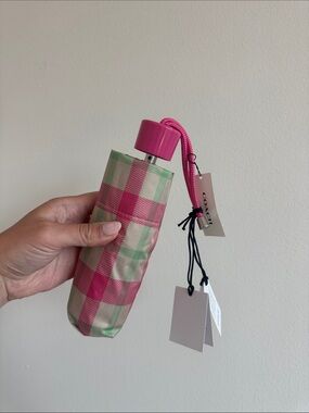Coach Pink and Green Plaid Compact Umbrella